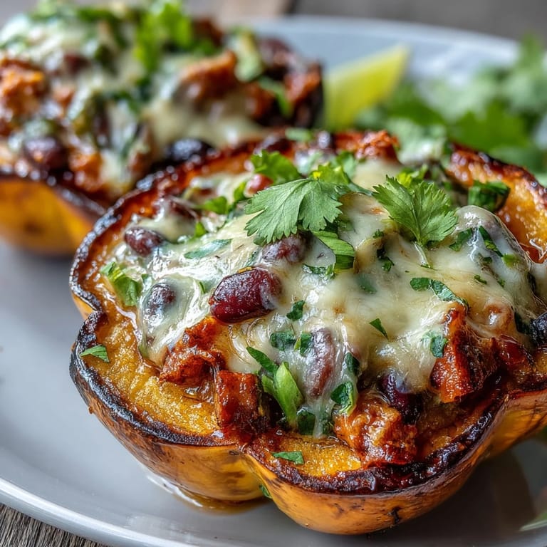 A generous spoonful of spicy-sweet chili mac nestled inside tender baked squash, creating a comforting vegetarian main dish.