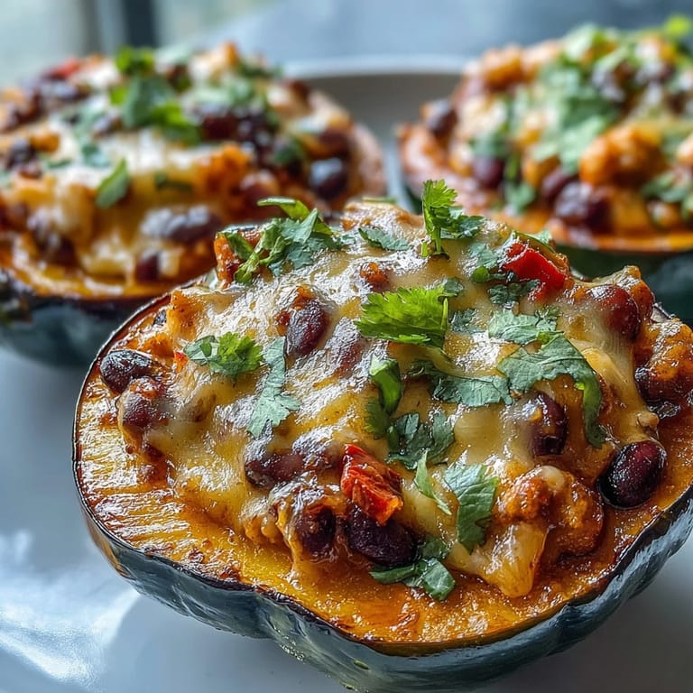Golden, fork-tender acorn squash filled with hearty chili mac and beans, finished with a glistening drizzle of hot honey.