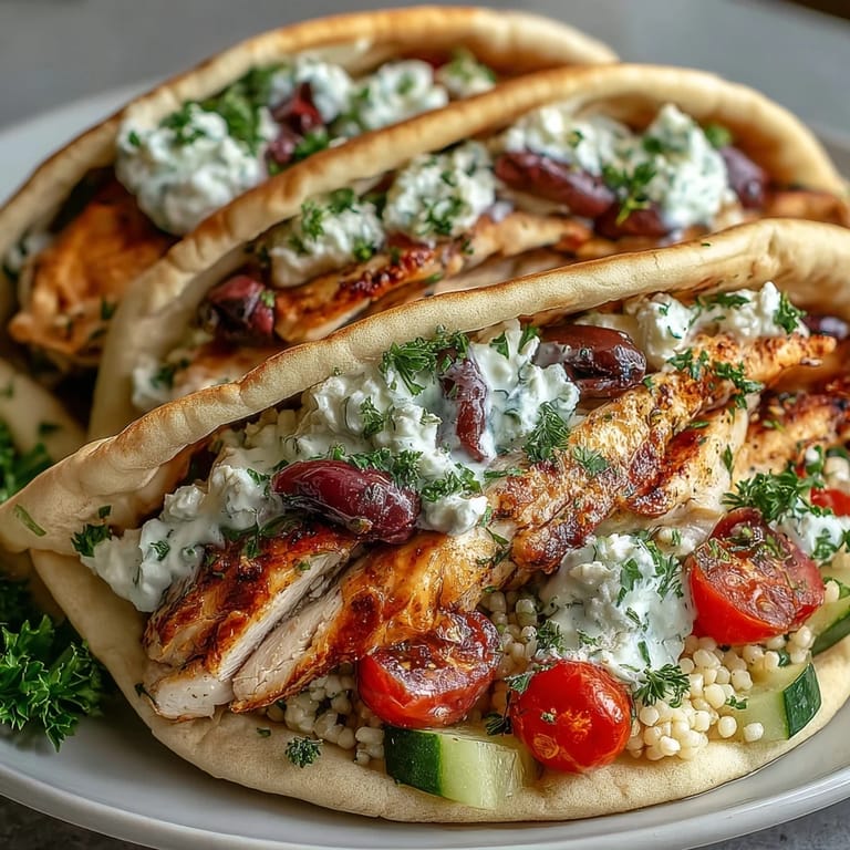 Freshly assembled Greek Chicken Feta Stuffed Pitas are filled with vibrant couscous salad and drizzled with tzatziki.