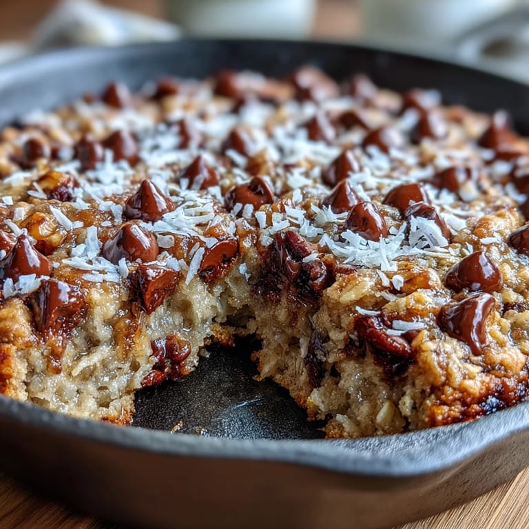 Chunky Monkey Oatmeal Cookie Skillet topped with vanilla ice cream melting into gooey chocolate.