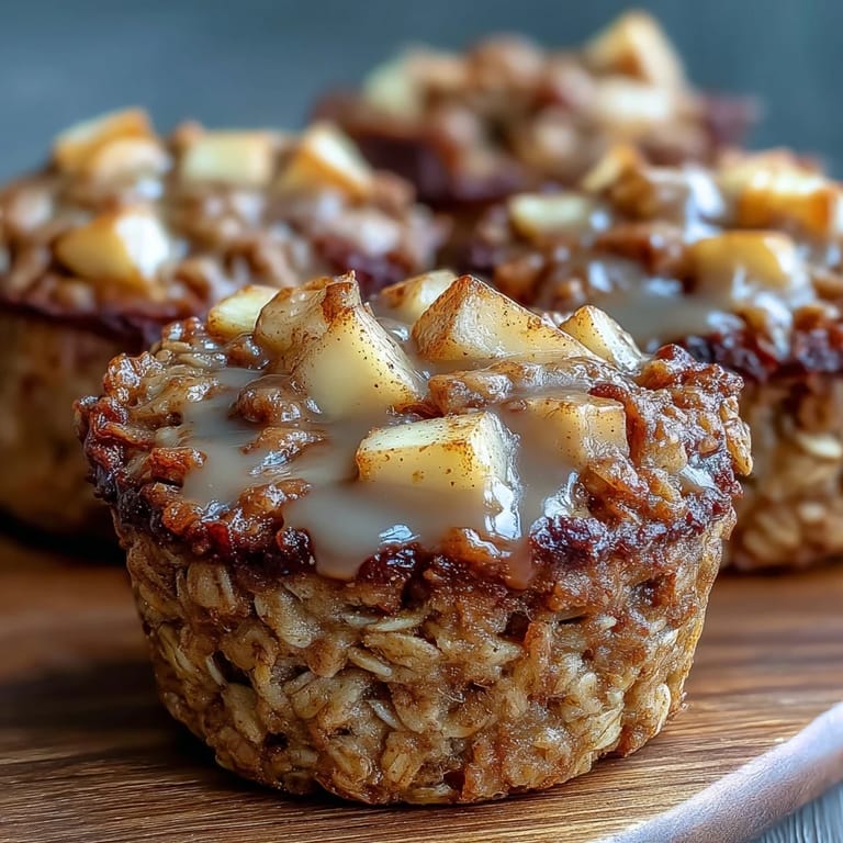 Warm, fragrant Vegan Apple Cinnamon Baked Oatmeal Cups are stacked high on a white plate. 