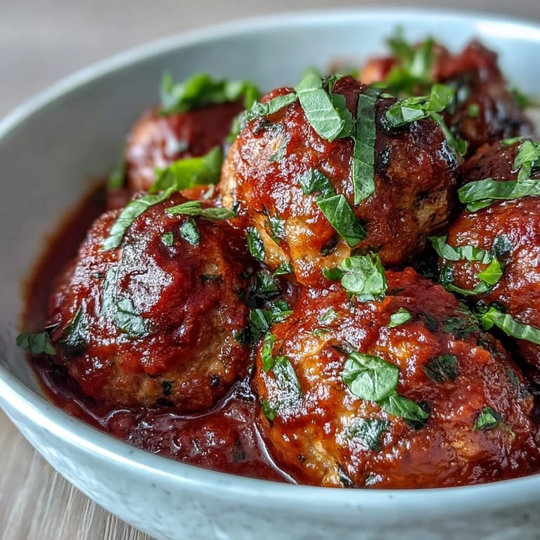 Clean Eating Turkey and Veggie Meatballs with Marinara simmer in a bright red sauce, garnished with fresh basil on zucchini noodles.