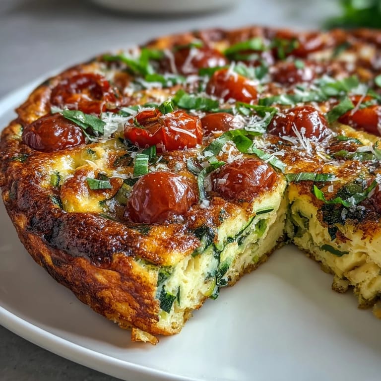 Close-up of Light Zucchini and Tomato Frittata revealing fluffy texture, spinach, and juicy tomatoes on a rustic table.