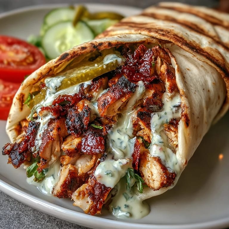 Middle Eastern chicken shawarma served in warm pita with sliced cucumbers, tomatoes, shredded lettuce, and zesty garlic sauce.  