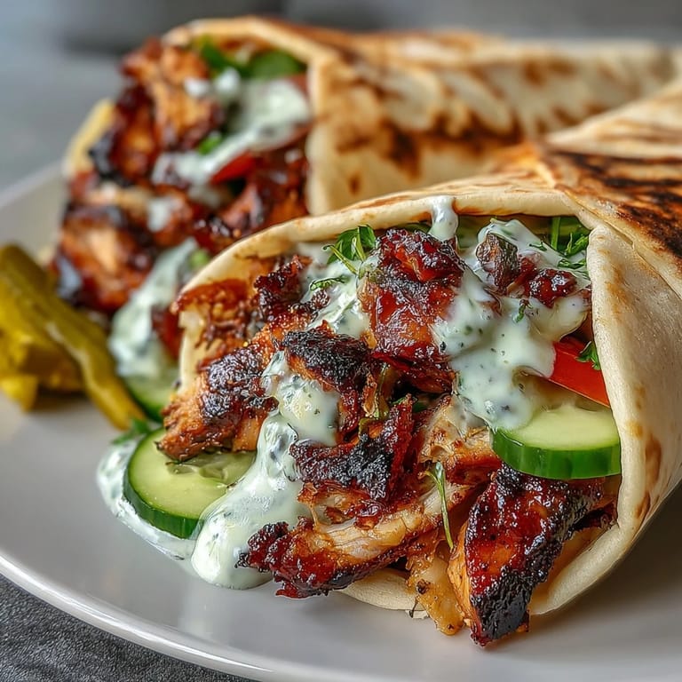 Marinated grilled chicken shawarma topped with creamy garlic sauce, fresh veggies, and pickles, wrapped in a soft flatbread.