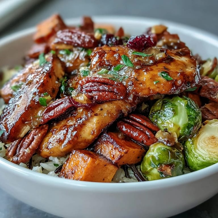 Savory chicken glazed in maple Dijon mustard served over brown rice with cinnamon-spiced sweet potatoes and Brussels sprouts.