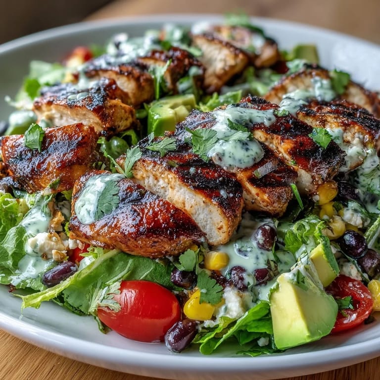 A colorful, hearty Southwest Chicken Power Salad with Black Beans and Corn, featuring juicy grilled chicken and zesty lime-cilantro dressing.  