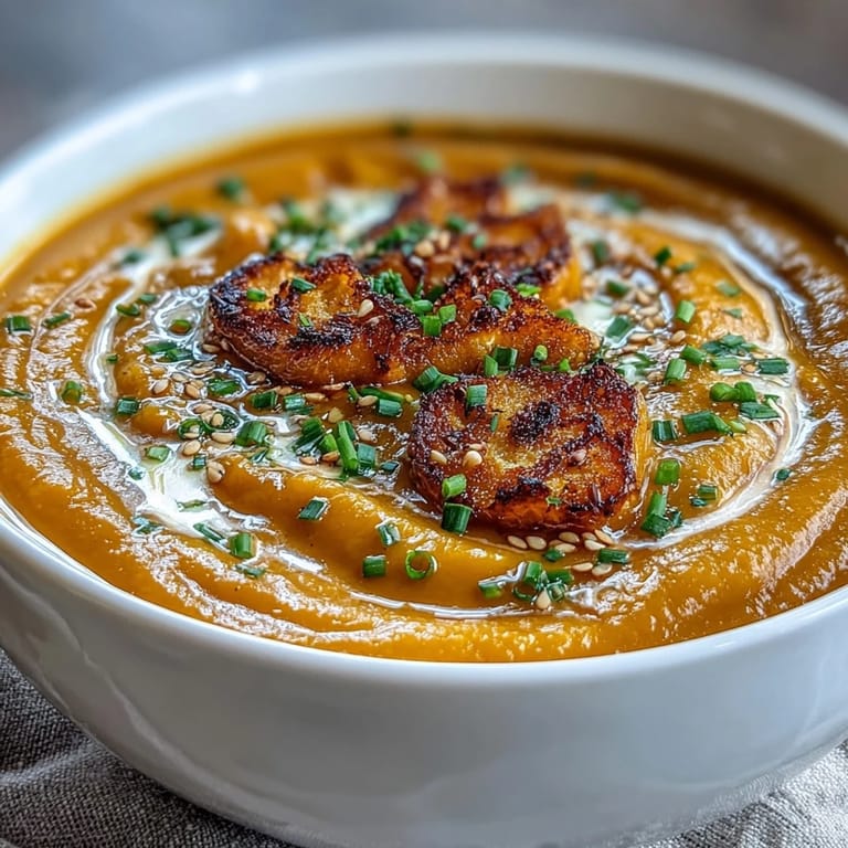 Silky butternut squash soup blended with savory miso paste, garnished with coconut cream and chives for a warming meal.