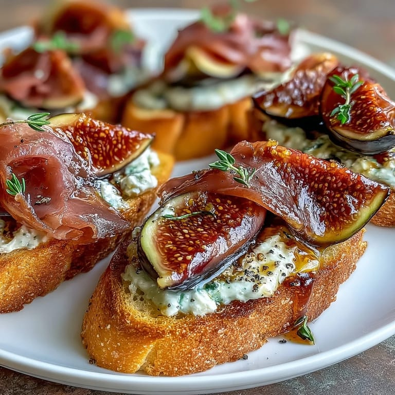 Elegant crostini featuring prosciutto, sliced figs, and a honey drizzle, perfect for entertaining or snacking.