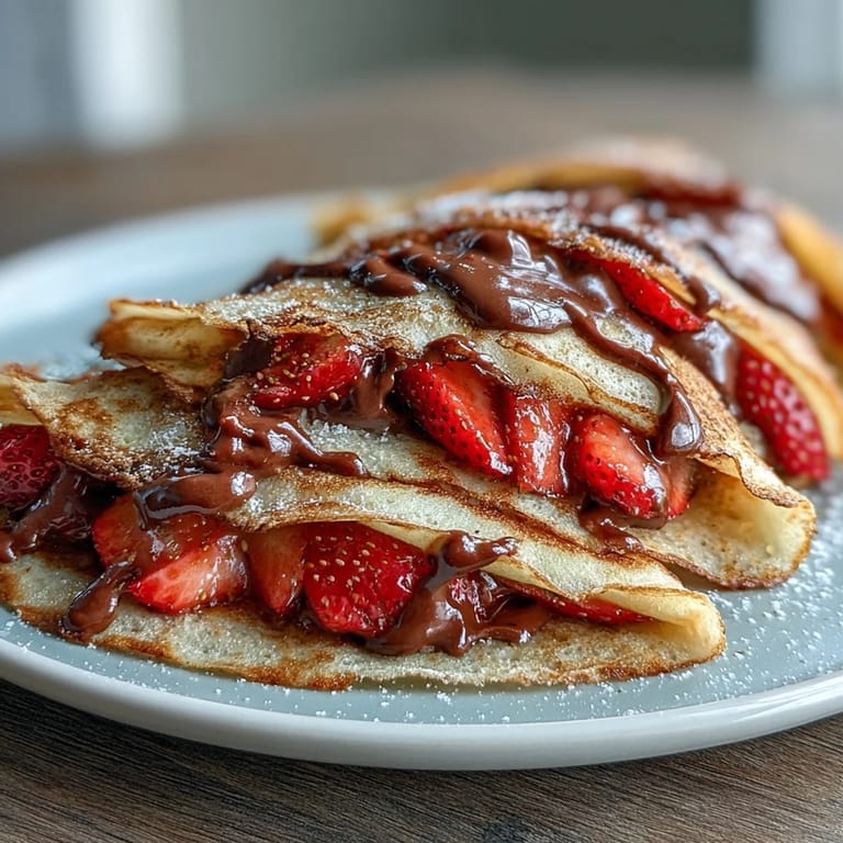 Sweet crêpes layered with chocolate-hazelnut spread and fresh strawberries, a beautiful Galentine's brunch centerpiece.