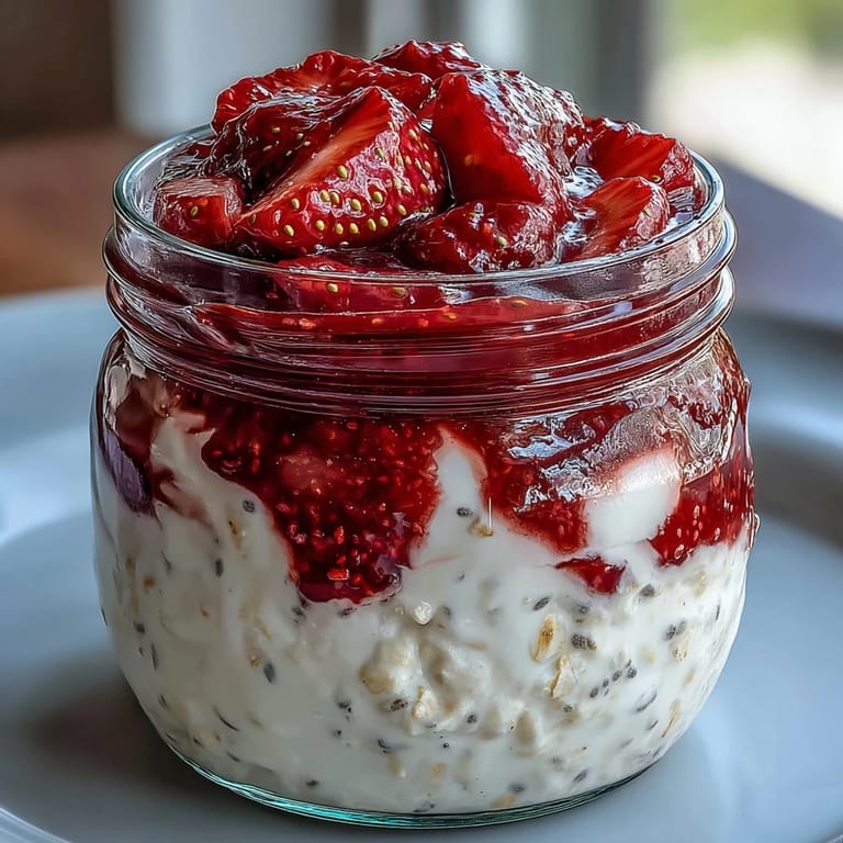 Layers of smooth oats and naturally sweet strawberry chia jam create a visually appealing and nutritious breakfast jar.