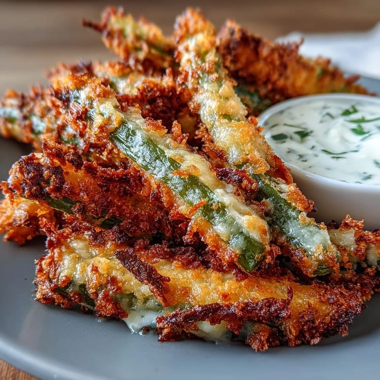 Air-fried green bean fries with crunchy panko coating and Parmesan, served alongside refreshing yogurt ranch dip for dipping.