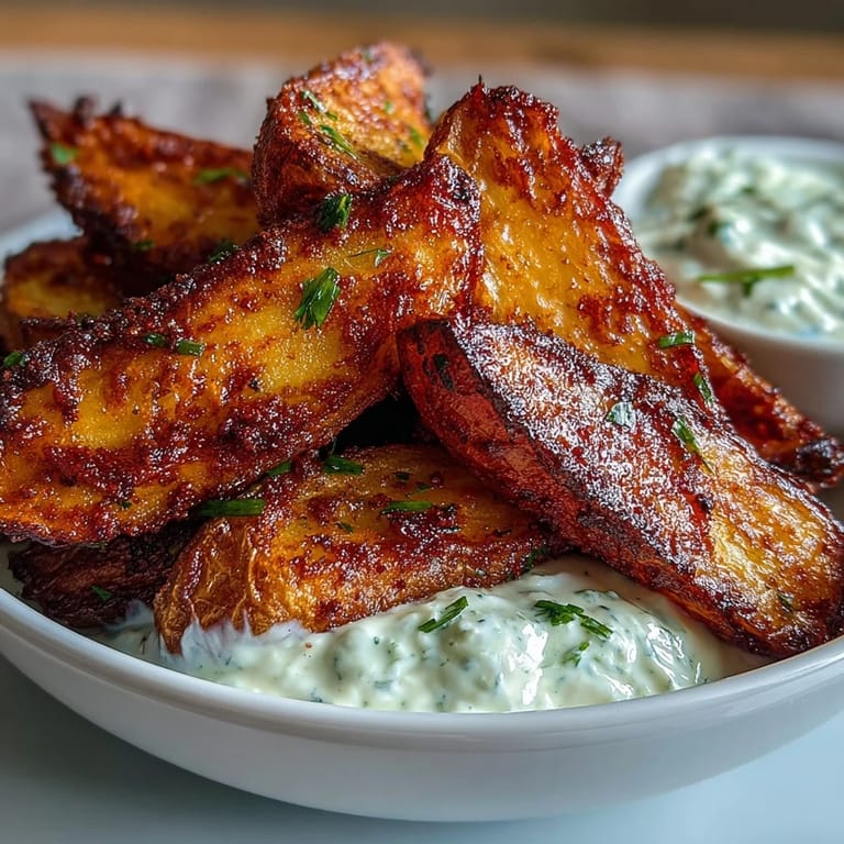 Hot, crunchy potato wedges fresh from the air fryer, accompanied by a zesty spring onion and lemon dip.