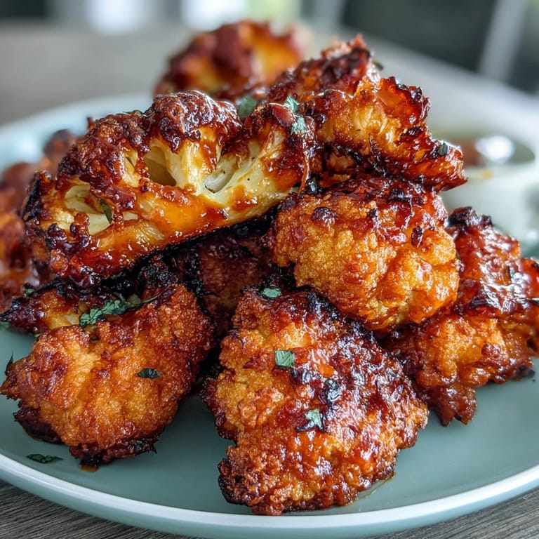 Spicy cauliflower florets coated in rich Buffalo sauce, air fried to crunchy perfection for a crowd-pleasing snack.  