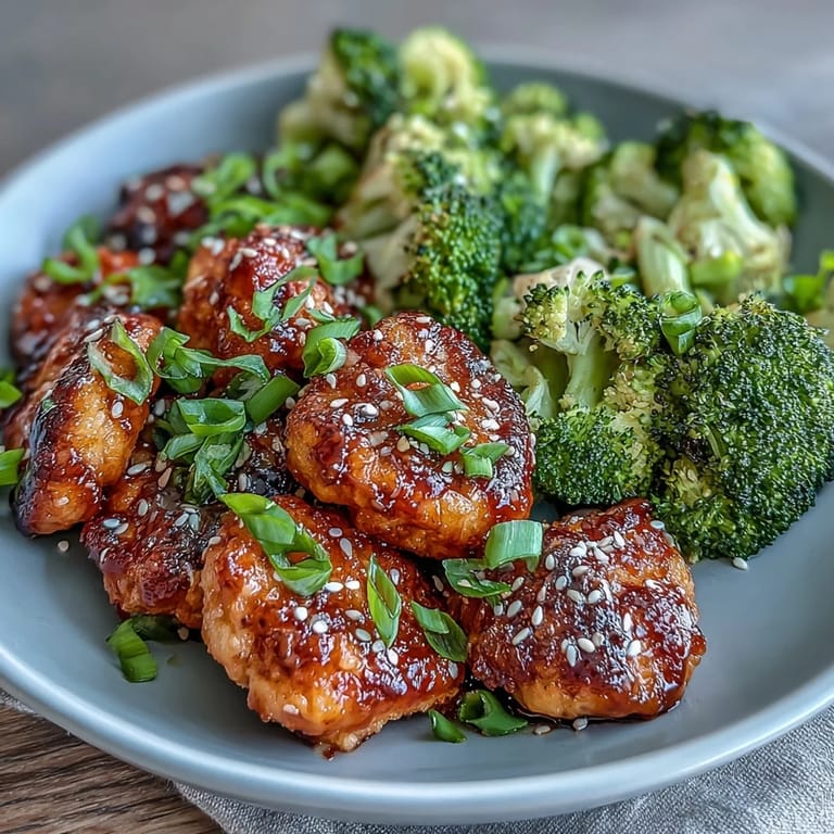 Juicy honey garlic glazed chicken bites paired with perfectly roasted broccoli florets, all cooked to perfection in the air fryer for a quick meal.