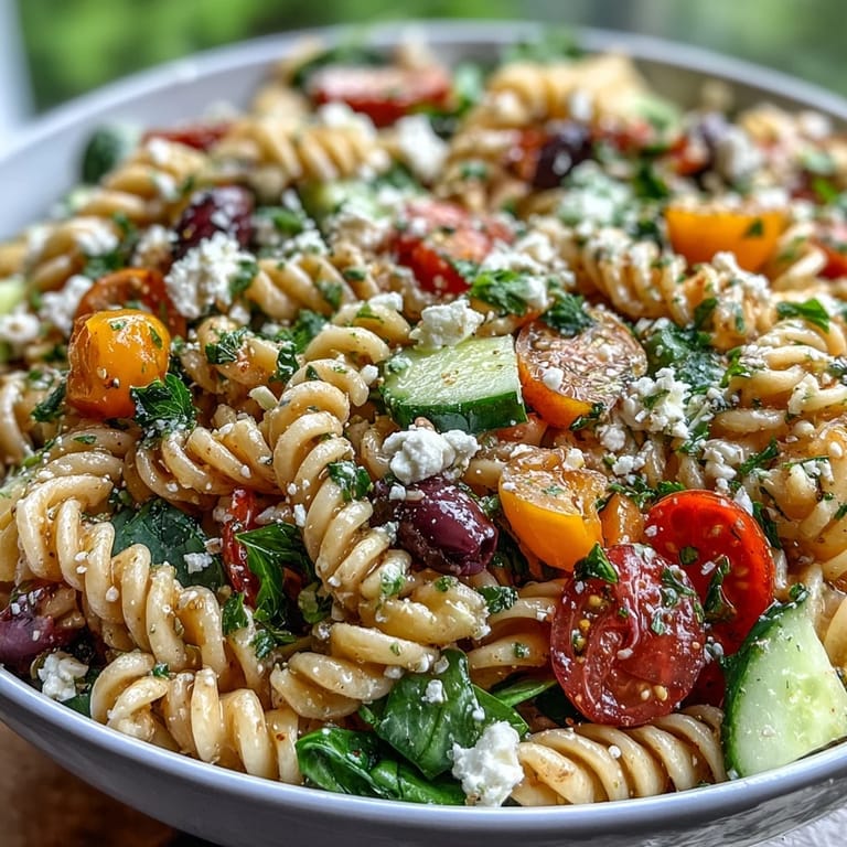 Vibrant Summer Slim Greek Pasta Salad with Extra Veggies and Light Feta, packed with crunchy cucumbers, juicy tomatoes, and creamy feta for a healthy Mediterranean meal.  
