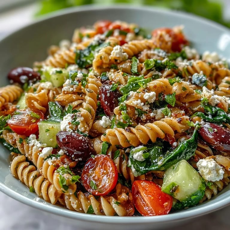 Light and refreshing Summer Slim Greek Pasta Salad with Extra Veggies and Light Feta, tossed with bright herbs and zesty lemon dressing for a satisfying summer dish.