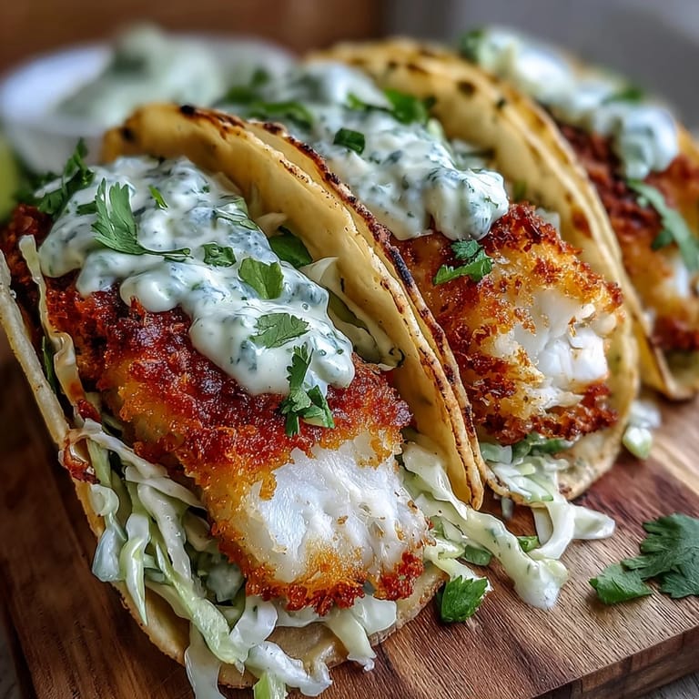 Golden-brown breaded fish fillets in the air fryer, topped with crunchy red and green cabbage slaw and drizzled with zesty sauce.  