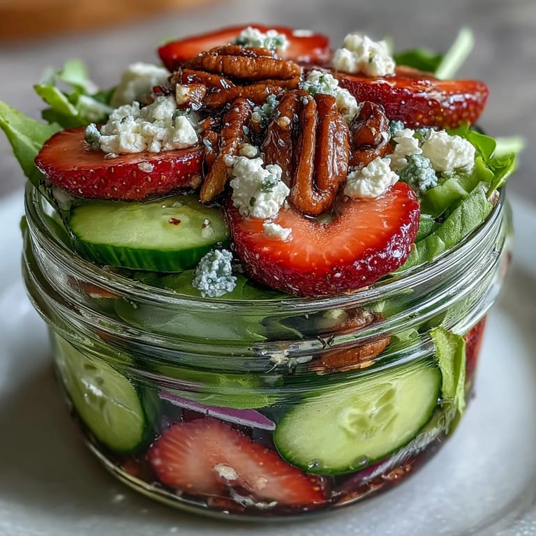 Delicious strawberry and goat cheese jar salad with mixed greens, toasted nuts, and balsamic dressing for on-the-go meals.