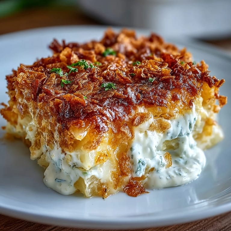Creamy Greek yogurt funeral potatoes with shredded hash browns and savory onion-garlic flavor, topped with crunchy cornflakes.  