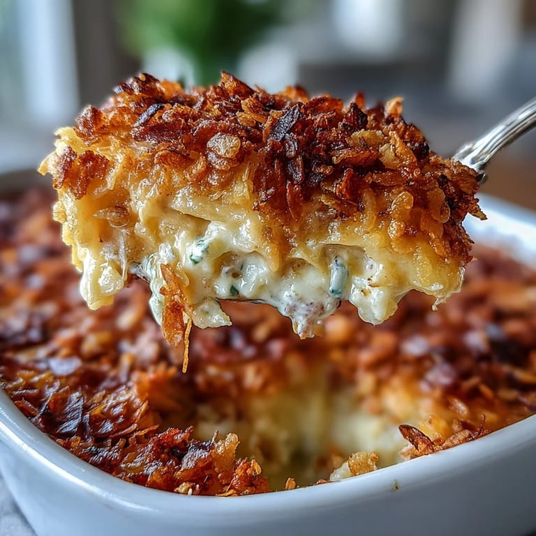 Comforting lightened funeral potatoes featuring Greek yogurt sauce, melted cheddar, and golden-brown cornflake crust.
