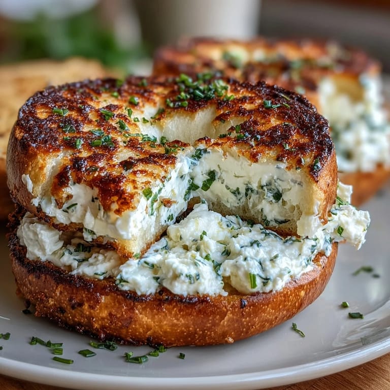 Golden baked bagels infused with garlic and herbs, served with creamy cottage cheese spread for a high-protein, flavorful meal.