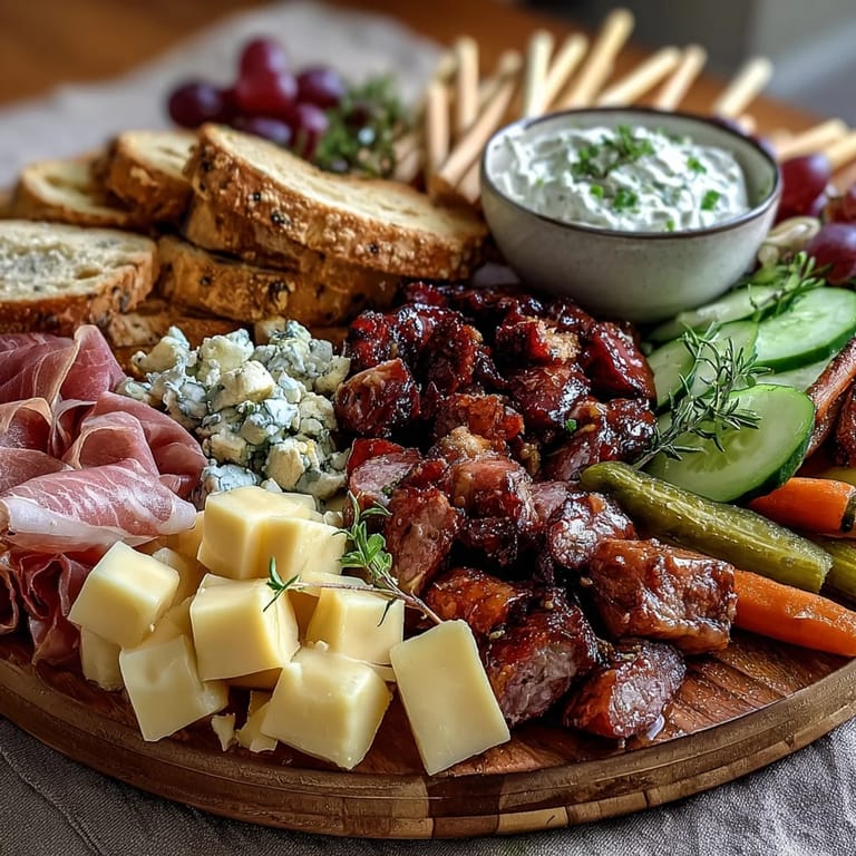 A festive charcuterie platter featuring prosciutto, brie, olives, and grapes, paired with herbed Greek yogurt and roasted red pepper hummus.
