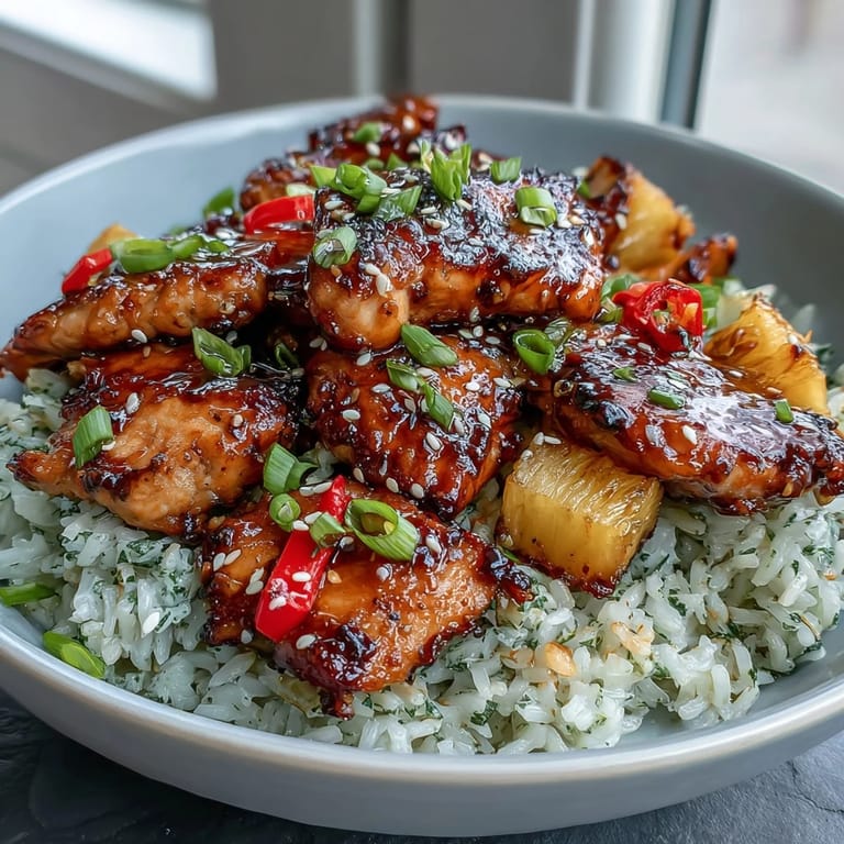A vibrant pineapple teriyaki chicken rice bowl, garnished with sesame seeds and green onions, perfect for a quick and flavorful dinner.