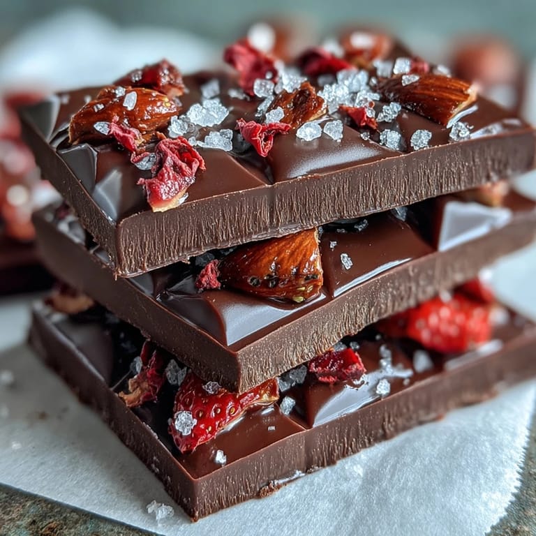 A rustic arrangement of Dubai Chocolate Strawberry Bark with Pistachios and Almonds, featuring rich dark chocolate, vibrant dried strawberries, and crunchy roasted nuts for an elegant dessert.