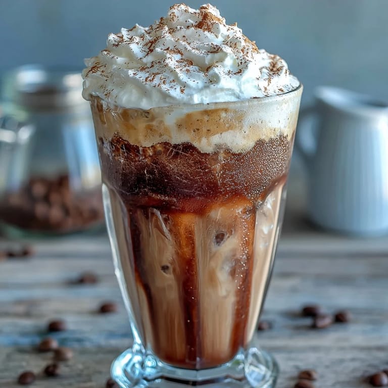 Refreshing iced vanilla coffee drink with real vanilla bean, served in a tall glass and crowned with dairy-free coconut whipped cream.