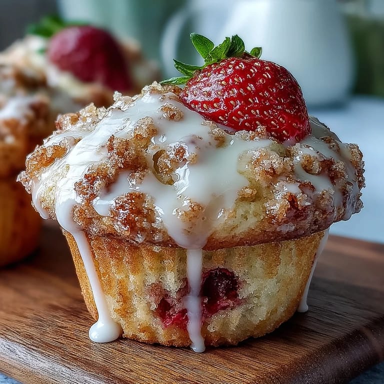 Golden muffins studded with juicy strawberries, topped with a zesty lemon glaze that adds a bright citrus finish.