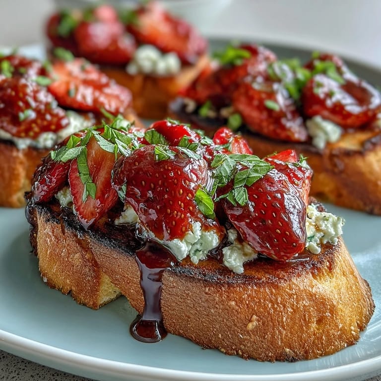 Sweet and tangy Balsamic Strawberry Bruschetta Toasts topped with juicy strawberries and balsamic glaze for a refreshing appetizer.