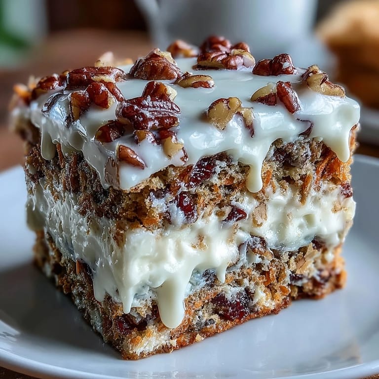 Three-layer spiced carrot cake packed with walnuts and topped with silky cream cheese frosting, garnished with edible flowers.