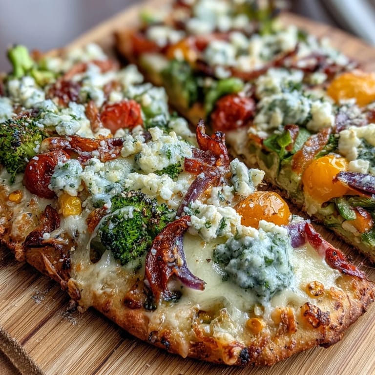 Festive St. Patricks Day Rainbow Veggie Flatbread Pizza featuring a spectrum of fresh vegetables arranged in a cheerful, healthy pattern.