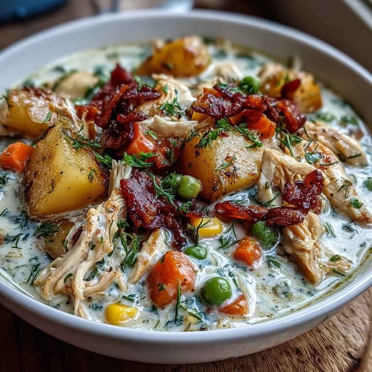 A bowl of hearty Slow Cooker Chicken Pot Pie Soup, filled with chunks of chicken, carrots, and peas in a velvety cream base.