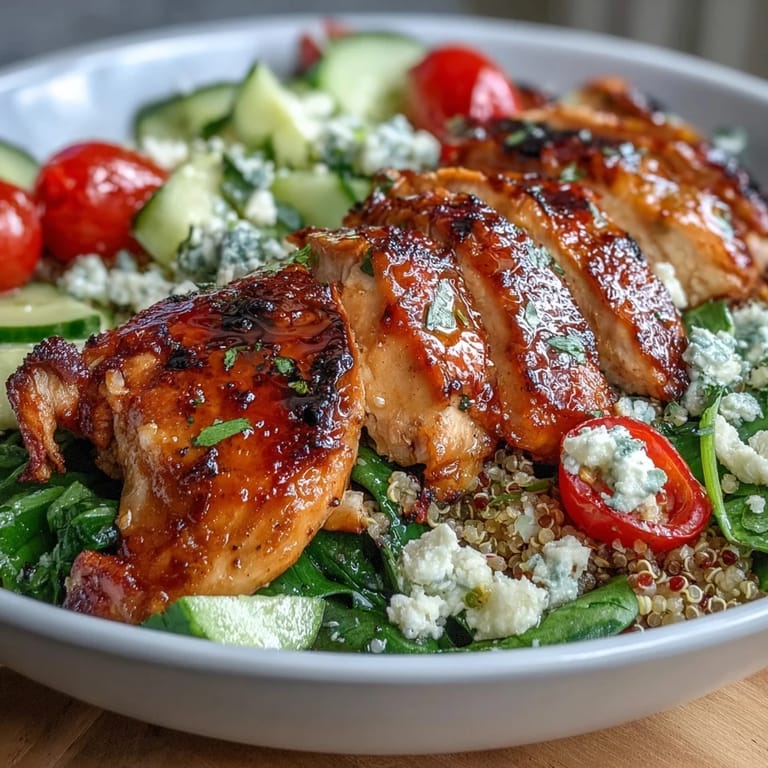 Lemon vinaigrette grilled chicken and veggie bowl with quinoa, fresh greens, and tangy feta cheese.