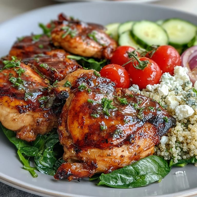 Vibrant lemon vinaigrette chicken and veggie bowl featuring juicy grilled chicken, crisp vegetables, and zesty dressing.