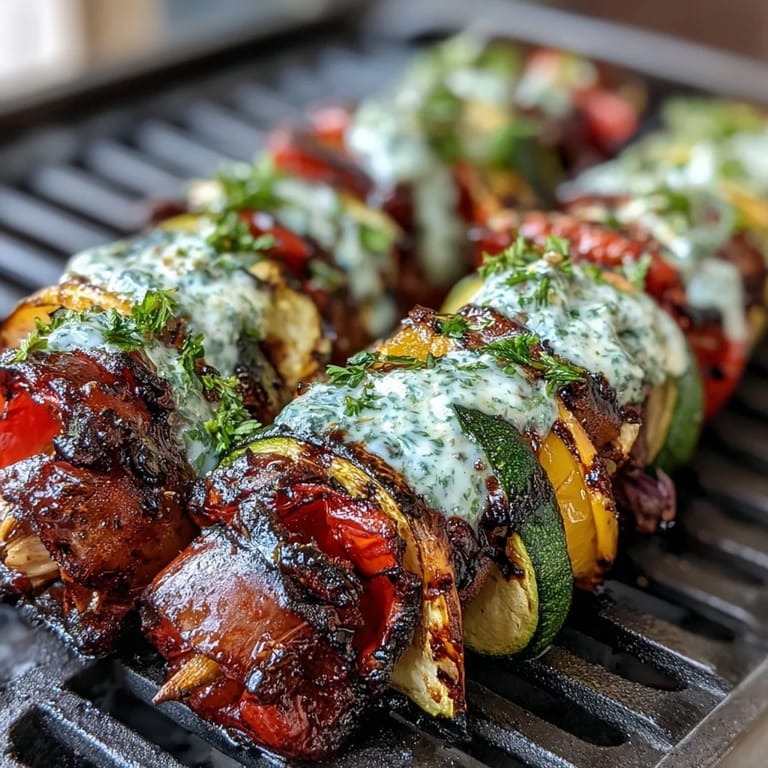 Smoky charred zucchini, bell peppers, and mushrooms served with fresh herb chimichurri on a rustic wooden platter.  