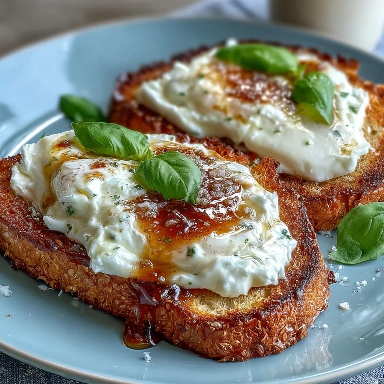 Sweet and savory honey peach burrata toast, featuring juicy peaches, fresh basil, and a honey drizzle on rustic bread.