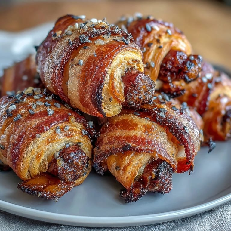 Golden baked pigs in a blanket arranged with dipping sauce for party appetizer perfection.
