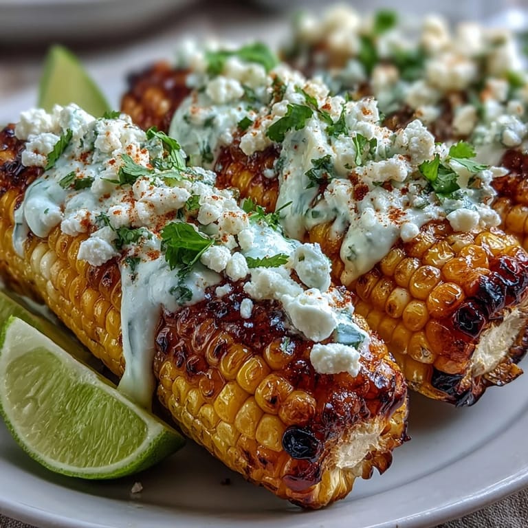 Vibrant Mexican-style corn on the cob, smothered in creamy sauce, tangy Cotija cheese, and chili, garnished with fresh herbs.