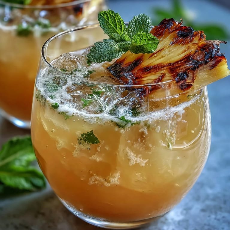 Two tall glasses filled with creamy pineapple-coconut agua fresca over ice, garnished with tropical fruit and mint leaves.