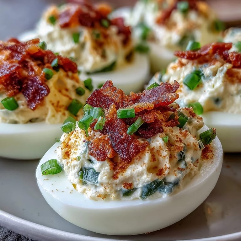 Cream cheese jalapeño popper deviled eggs topped with bacon bits and fresh jalapeño slices for a zesty appetizer.