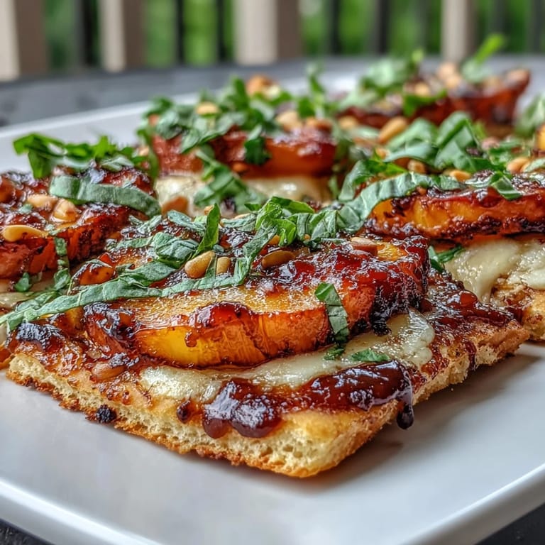 Sweet grilled peaches and melted Brie atop crispy flatbread, perfect for summer BBQs.  