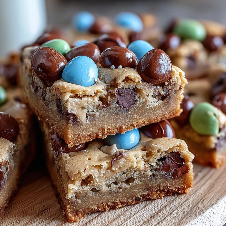 2. Soft and chewy peanut butter cookie bars loaded with Easter egg candies, perfect for spring celebrations.