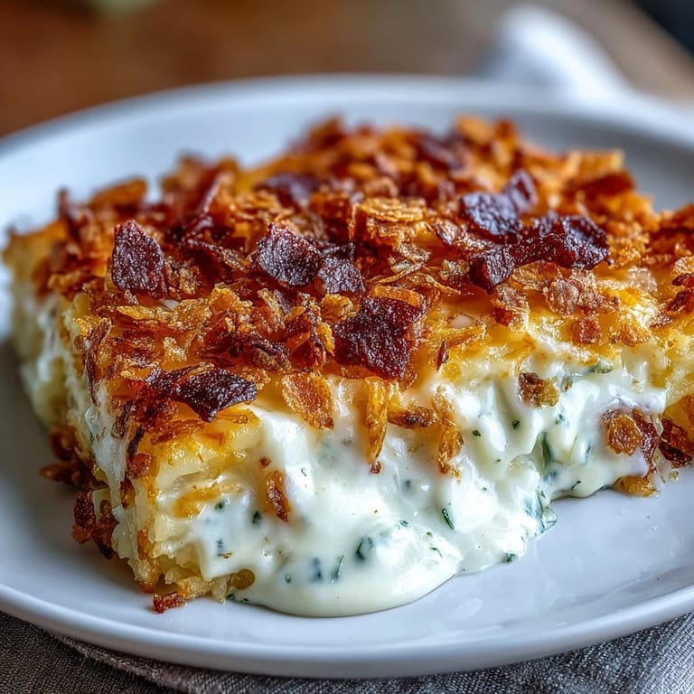 Creamy, cheesy hash brown casserole with melted cheddar and savory onion, baked until hot and comforting.