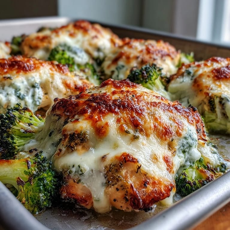A close-up view of juicy Ranch Chicken & Broccoli Sheet Pan Melt with bubbly cheese and bright green vegetables.  