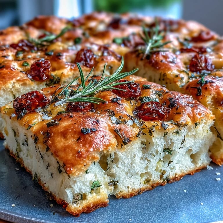 Fluffy focaccia topped with juicy cherry tomatoes, fresh thyme, and chives, baked to golden perfection with a sprinkle of flaky sea salt.