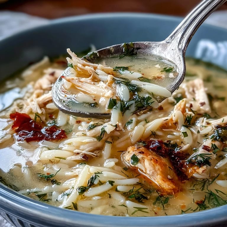 Fragrant Greek chicken soup with lemon and orzo, featuring juicy chicken, fresh herbs, and a silky, comforting texture.