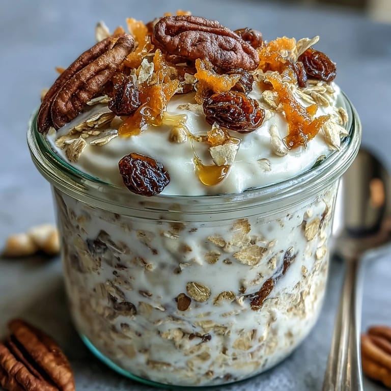 Wholesome overnight oats layered with grated carrots, warm spices, and crunchy walnuts, perfect for a nutritious breakfast.